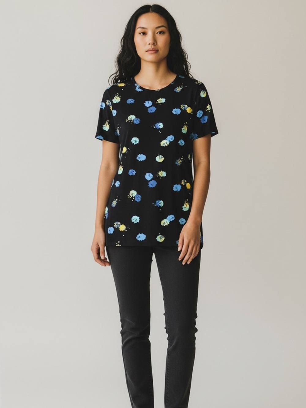 Amazon Essentials Black Floral Print Short-Sleeve Top - Blue & Yellow Accents